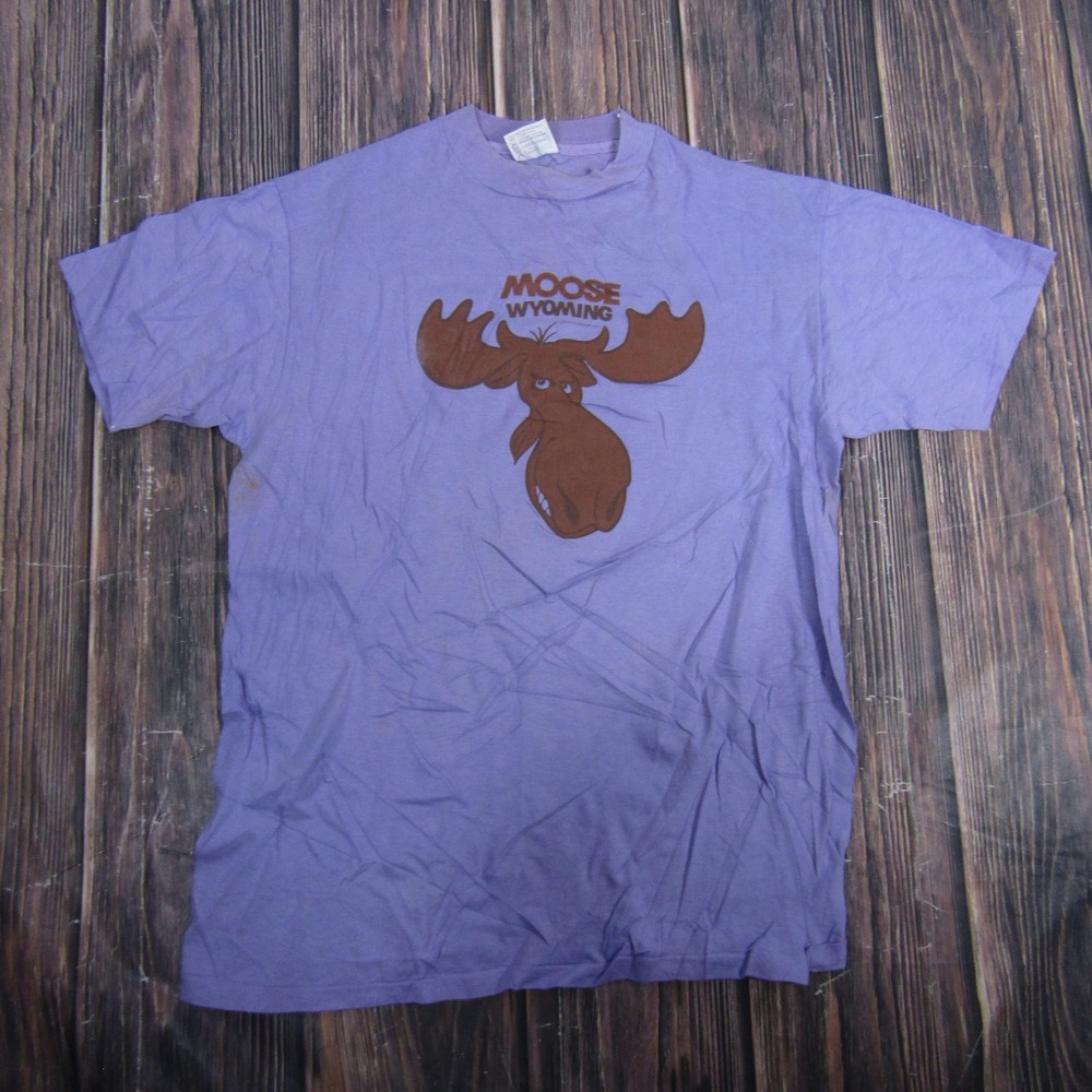 Hanes T-Shirt Mens L Purple Moose Wyoming Vintage Graphic Cotton Beefy-T
